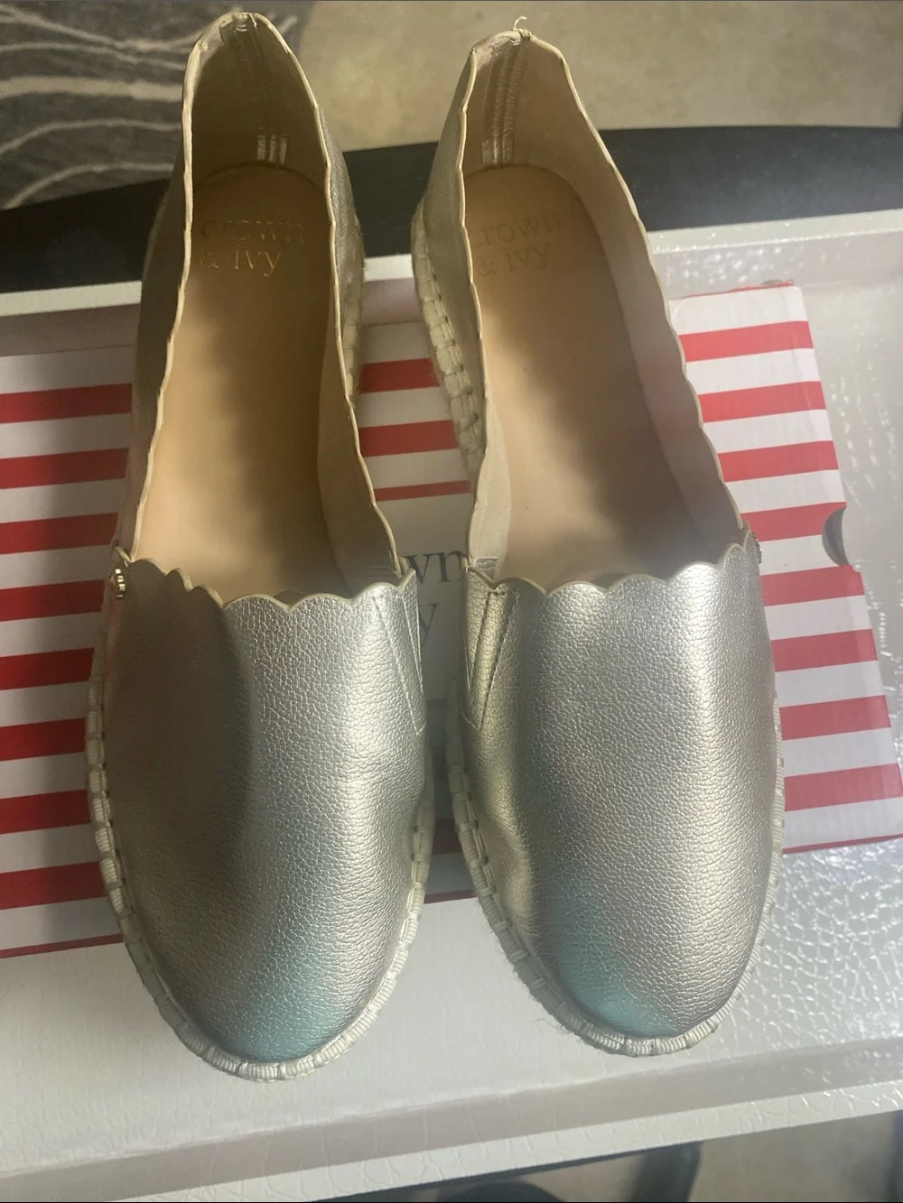 Metallic Silver Scalloped Espadrille Flats